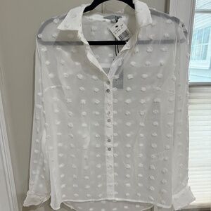 Kut from the Kloth Sheer Blouse White  Button Up Textured Polka Dots